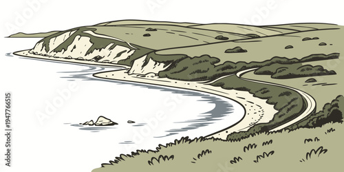 A scenic coastal landscape with a winding shoreline Vector