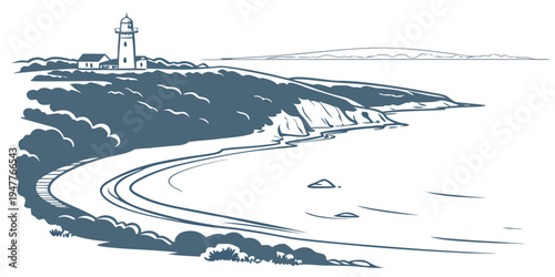 A blue and white drawing of a lighthouse on a rocky coastline Vector