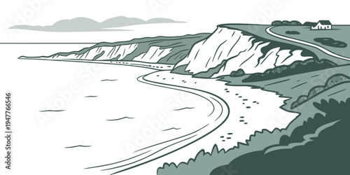 A scenic road winding through a coastal mountain range Vector