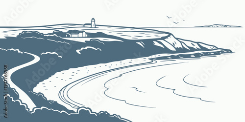 A scenic view of a coastline with a lighthouse Vector