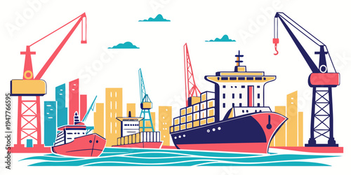 Cargo ship and cranes at a port terminal Vector