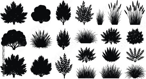 Set of Black Silhouette Garden Plants and Shrubs Isolated on White Background for Landscape Design Architecture Projects Vector Illustration of Bushes Grass and Hedges