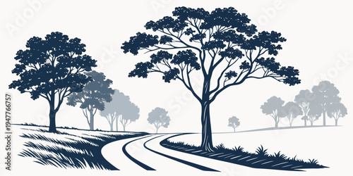 A dirt road lined with trees on a rural landscape Vector