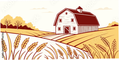 A white barn with a brown roof sits in a rural landscape Vector