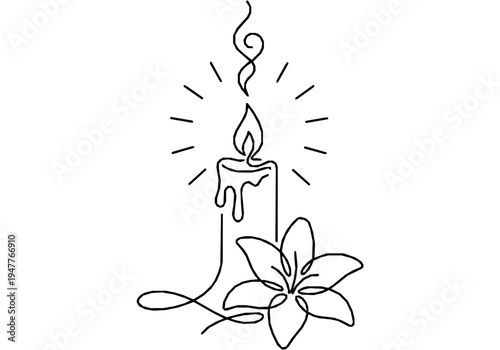 Peaceful All Saints Day Monoline Background with Memorial Candle and Lily