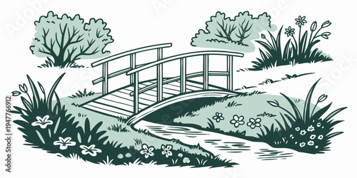 A small wooden bridge over a stream in a garden Vector