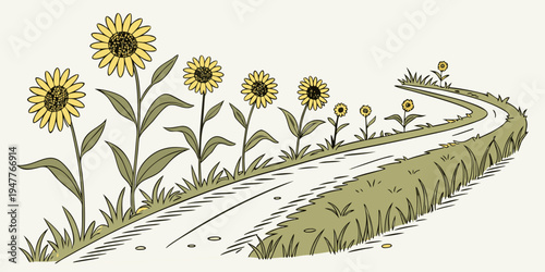 A winding road lined with sunflowers on a green verge Vector
