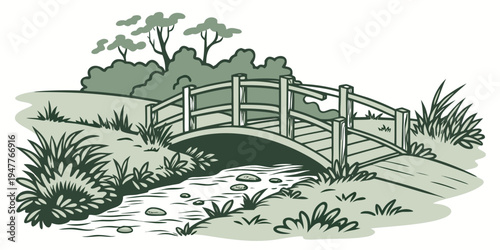 A small wooden bridge over a stream in a rural setting Vector