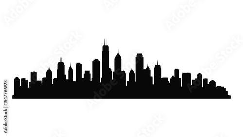A black silhouette of a city skyline with tall buildings