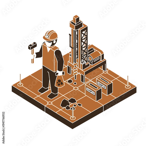 Isometric illustration of a geologist or miner conducting geological survey with drilling equipment and rock samples.