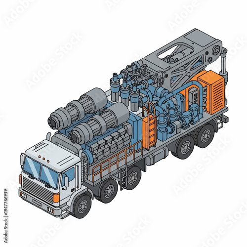 Isometric illustration of a complex industrial truck-mounted drilling rig with multiple engines and intricate piping systems.