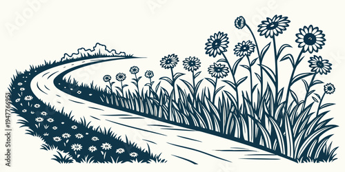 A winding road through a field of wildflowers Vector