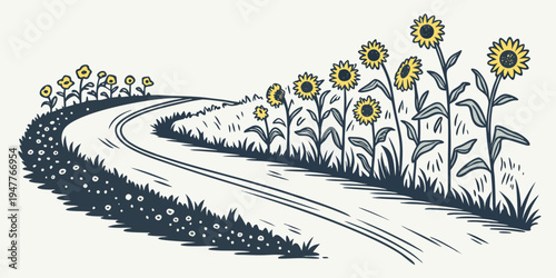 A winding road through a field of sunflowers Vector
