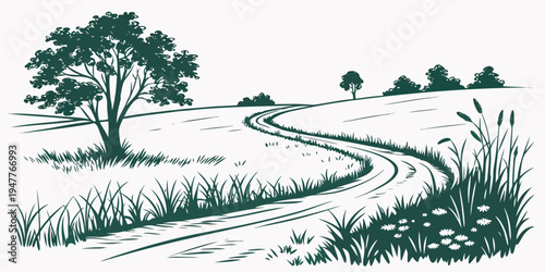 A winding road through a rural landscape Vector
