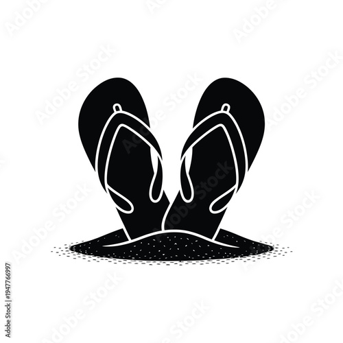 Black and white illustration of flip flops sinking into beach sand