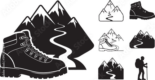 Hiking Boots and Mountains Icon Set for Adventure Travel