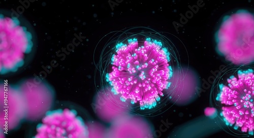 Detailed visualization of glowing microscopic pathogens or cellular components in an abstract scientific illustration