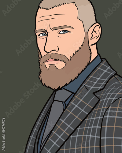 A man stands with a serious expression, wearing a checked suit and tie in a dim space. His beard is well-groomed and he appears thoughtful.