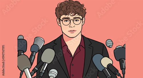 A young man stands at a podium with many microphones in front of him while he addresses a group of people in a press conference.