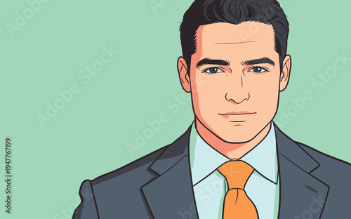 A man in a suit with a tie stands against a green background. He looks directly at the viewer with a focused expression.