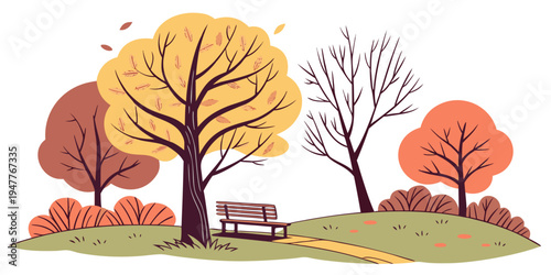 A park scene with a bench and trees in autumn colors Vector