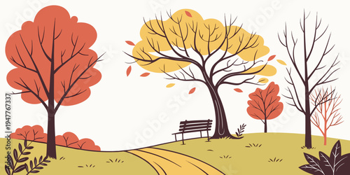 A park scene with trees and a bench in autumn Vector