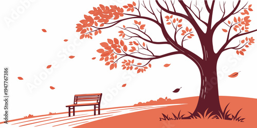 A tree with orange leaves and a bench Vector