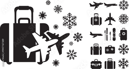 Winter Travel Vacation Concept with Suitcases and Airplane Icons