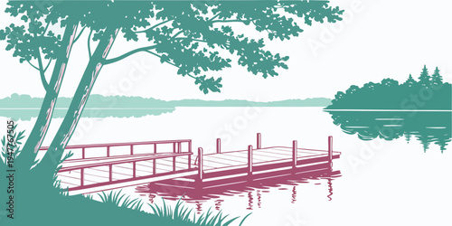 A dock on a lake with a tree in the background Vector