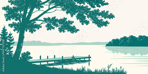 A serene lake scene with a tree and a dock Vector