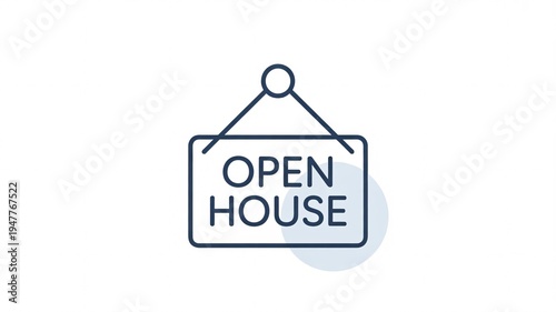 Simple line art icon displays a hanging sign advertising an open house event.