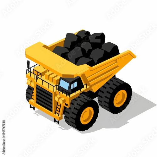 A large yellow mining dump truck filled with black coal, viewed from a three-quarter perspective against a white background.