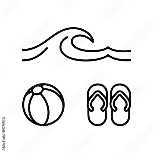 Simple summer icons depicting a wave beach ball and flip flops