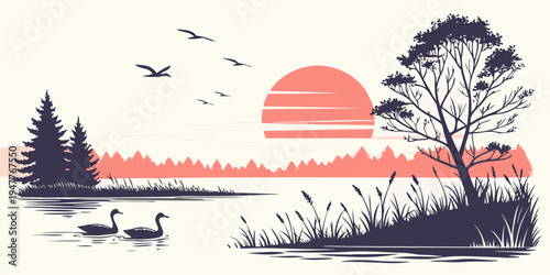 A serene lake scene at sunset with trees and ducks Vector