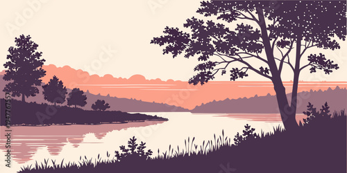 A serene lake scene at sunset with trees and hills Vector