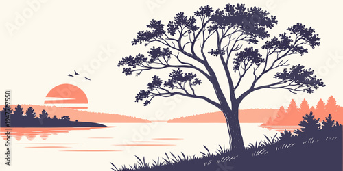 A tree on a hill overlooking a serene lake at sunset Vector