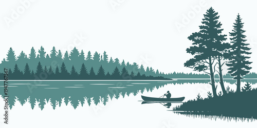A person rowing a boat on a serene lake surrounded by trees Vector