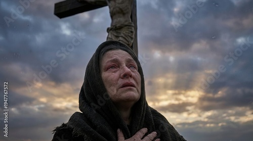 The Virgin Mary weeping with profound grief at the solemn crucifixion of Jesus Christ on Mount Golgotha, a sacred event of deep suffering and ultimate sacrifice, Christian devotion
