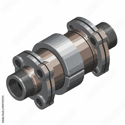 3D rendering of a mechanical coupling with flanges and threaded connections.