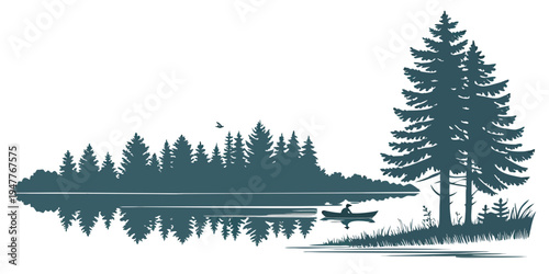 A serene lake scene with trees and a canoe Vector