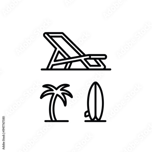 Minimalist depiction of beach elements chair palm tree and surfboard