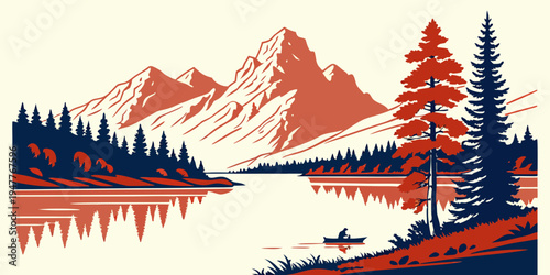 A serene lake scene with a mountain range Vector