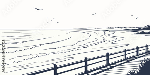 A fence along a beach with a body of water Vector