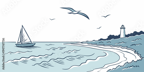 A sailboat and lighthouse by the sea Vector