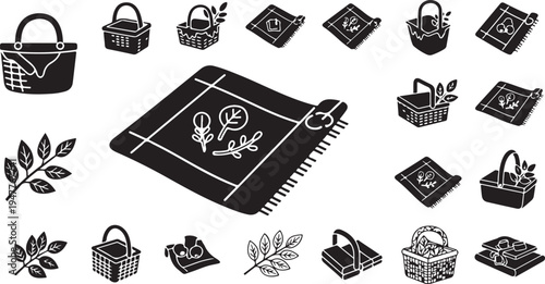 Black and white picnic basket illustrations with leaves and notebooks