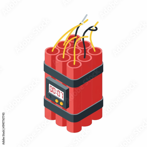 A bundle of red dynamite sticks with a digital timer and exposed wires, suggesting an imminent explosion.