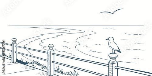 Seagull standing on a fence looking out to sea Vector