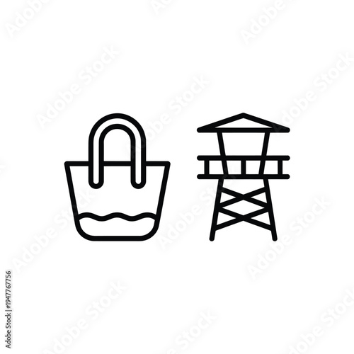 Minimalist line art depicting a beach bucket and a lifeguard tower