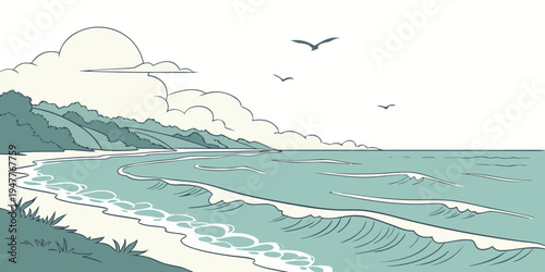 A wave crashes on the shore with birds flying overhead Vector