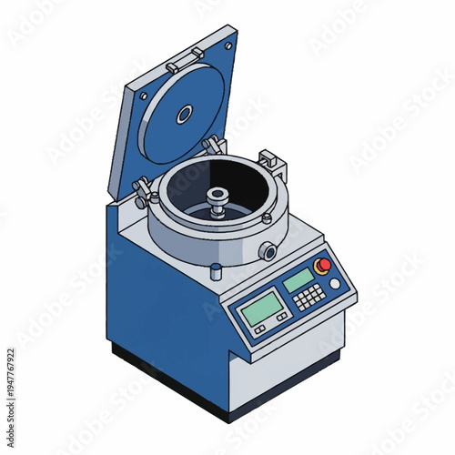 An isometric illustration of a modern laboratory centrifuge with an open lid, digital display, and control panel.